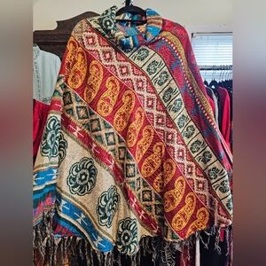 100% Wool Multicolor Patterned Cowl Neck Poncho Very Soft!! Not Itchy At All